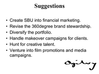 Suggestions Create SBU into financial marketing. Revise the 360degree brand stewardship. Diversify the portfolio. Handle makeover campaigns for clients. Hunt for creative talent. Venture into film promotions and media  campaigns. 