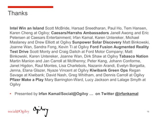 Thanks
Intel Win an Island Scott McBride, Harsad Sreedharan, Paul Ho, Tem
Hansen, Karen Cheng at Ogilvy.
Caesars/Harrahs Ambassadors Janell Awong and Eric Petersen at Caesars
Entertainment; Irfan Kamal, Karen Untereker, Michael Maslaney and Drew
Elliott at Ogilvy.
Sunpower Solar Discovery Matt Binkowski, Joanne Wan, Sandra Fong,
Kevin Ti at Ogilvy.
Ford Fusion Augmented Reality Test Drive Scott Monty and Craig Daitch at
Ford Motor Company; Matt Binkowski, Karen Untereker, Joanne Wan, Dirk
Shaw at Ogilvy.
Tabasco Nation Martin Manion and Jan Carroll at McIlhenny; Peter Kang,
Johann Conforme, Janet Higdon, Raul Montes, Lisa Charlebois, Nazanin
Arandi, Evelyn Borgatta, Jenna, Elana Glazer, Nyaze Vincent at Ogilvy.
Kiwibank Green Ops Regan Savage at Kiwibank; David Nash, Greg Whitham,
and Dennis Carroll at Ogilvy.
Pfizer Make a Play Mary Barrington-Ward, Lucy Jackson and Lalage Smyth
at Ogilvy.


                                                                           19
 