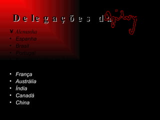 Delegações da   Alemanha Espanha Brasil Portugal Estados Unidos da América África França Austrália Índia Canadá China 