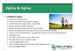 LA DIFFÉRENCE OGILVY
• EXPÉRIENCE ET CONNAISSANCE
• SERVICE PERSONNALISÉ EN FRANÇAIS ET EN ANGLAIS
• ENTREPRISE FAMILIALE, DEPUIS 1924 – 3E GÉNÉRATION
• AGENTS LICENCIÉS – QUÉBEC ET ONTARIO
• RECONNU PAR L’AUTORITÉ DES MARCHÉS FINANCIERS (AMF)
• MEMBRE DU REGROUPEMENT DES CABINETS DE COURTAGE DU QUÉBEC (RCCAQ)
• SITUÉ AU CENTRE VILLE DE MONTRÉAL – ACCESSIBLE PAR TRANSPORT EN
COMMUN (MÉTRO ATWATER)
• COMPAGNIE VERTE
• ON REÇOIT AU BUREAU AVEC OU SANS RENDEZ-VOUS
• SITE WEB, MEDIA SOCIAUX, ACHETER EN LIGNE
• COURTIER INDÉPENDANT ET PRIVÉ
• AUTO, HABITATION, MARINE, COMMERCIAL,
• GROUPE, PLACEMENTS, VIE … EN PLUS DE VOYAGE ET SANTÉ.
 