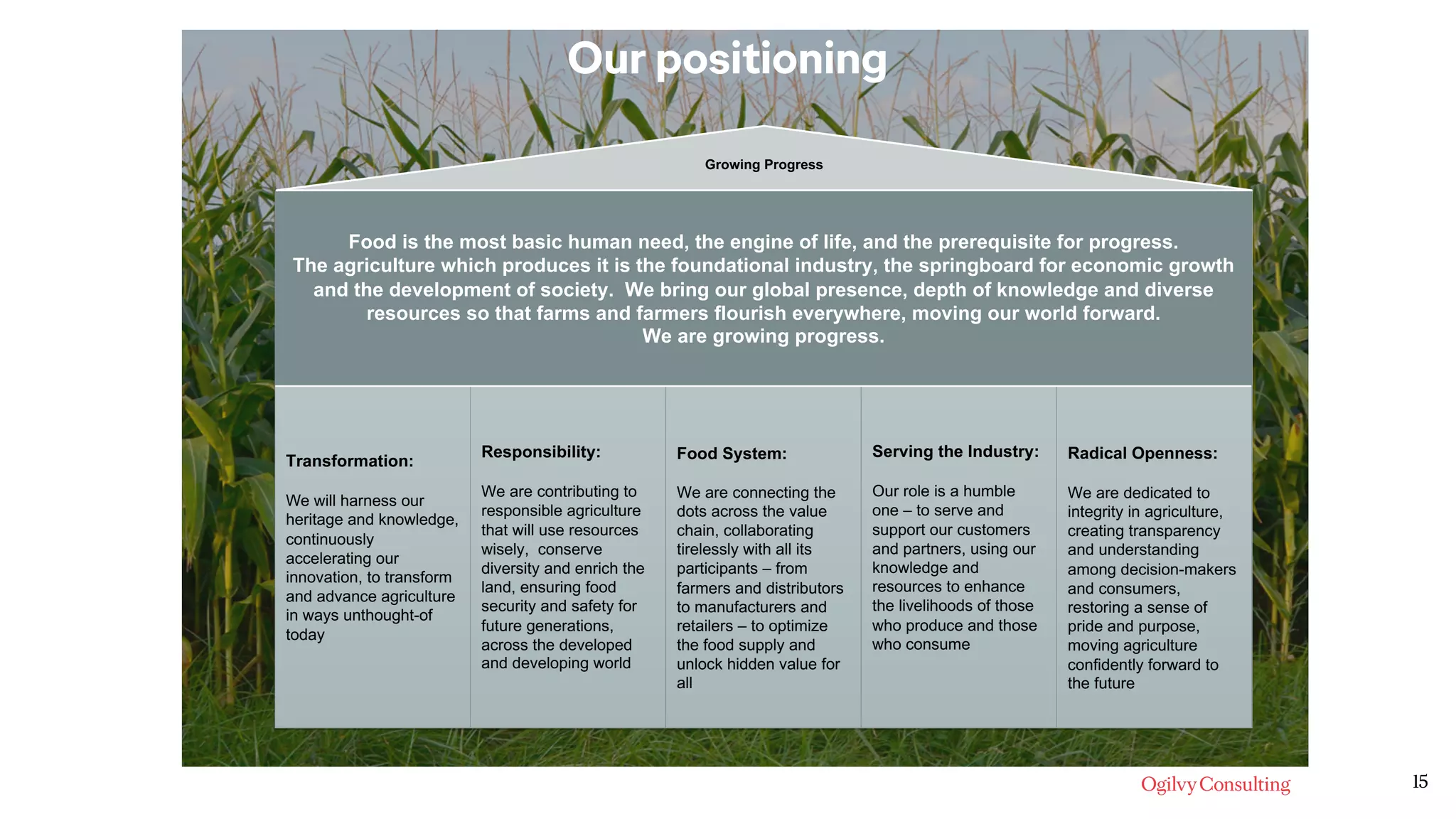 15
Food is the most basic human need, the engine of life, and the prerequisite for progress.
The agriculture which produces it is the foundational industry, the springboard for economic growth
and the development of society. We bring our global presence, depth of knowledge and diverse
resources so that farms and farmers flourish everywhere, moving our world forward.
We are growing progress.
Transformation:
We will harness our
heritage and knowledge,
continuously
accelerating our
innovation, to transform
and advance agriculture
in ways unthought-of
today
Responsibility:
We are contributing to
responsible agriculture
that will use resources
wisely, conserve
diversity and enrich the
land, ensuring food
security and safety for
future generations,
across the developed
and developing world
Food System:
We are connecting the
dots across the value
chain, collaborating
tirelessly with all its
participants – from
farmers and distributors
to manufacturers and
retailers – to optimize
the food supply and
unlock hidden value for
all
Serving the Industry:
Our role is a humble
one – to serve and
support our customers
and partners, using our
knowledge and
resources to enhance
the livelihoods of those
who produce and those
who consume
Radical Openness:
We are dedicated to
integrity in agriculture,
creating transparency
and understanding
among decision-makers
and consumers,
restoring a sense of
pride and purpose,
moving agriculture
confidently forward to
the future
Growing Progress
Our positioning
 