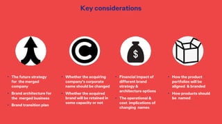 37
Key considerations
• The future strategy
for the merged
company
• Brand architecture for
the merged business
• Brand transition plan
• Whether the acquiring
company’s corporate
name should be changed
• Whether the acquired
brand will be retained in
some capacity or not
• Financial impact of
different brand
strategy &
architecture options
• The operational &
cost implications of
changing names
• How the product
portfolios will be
aligned & branded
• How products should
be named
 