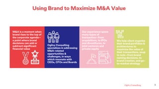5
Using Brand to Maximize M&A Value
M&A is a moment when
brand rises to the top of
the corporate agenda—
a point where brand
decisions can add or
subtract significant
financial value
Ogilvy Consulting
specializes in addressing
M&A-related
opportunities &
challenges, in ways
which resonate with
CEOs, CFOs and Boards
Our experience spans
many types of
transaction—from
acquisitions, to IPOs
and divestitures, to
joint ventures and
private equity
We help client organize
their brand portfolios &
architectures to
maximize the value of
their transactions, soup
to nuts—from brand
naming decisions, to
brand creation, and go-
to-market strategy
 