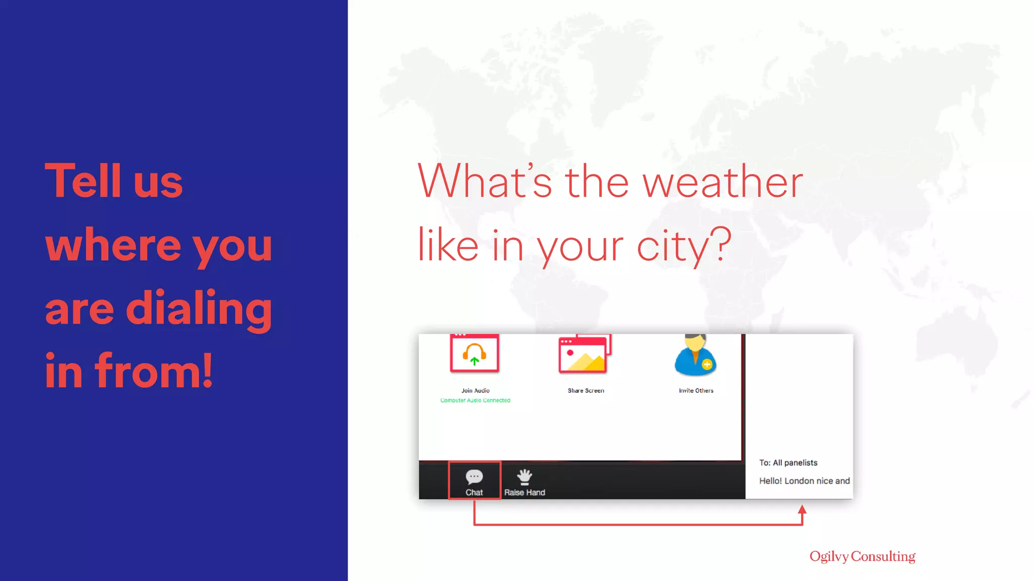 Tell us
where you
are dialing
in from!
What’s the weather
like in your city?
 