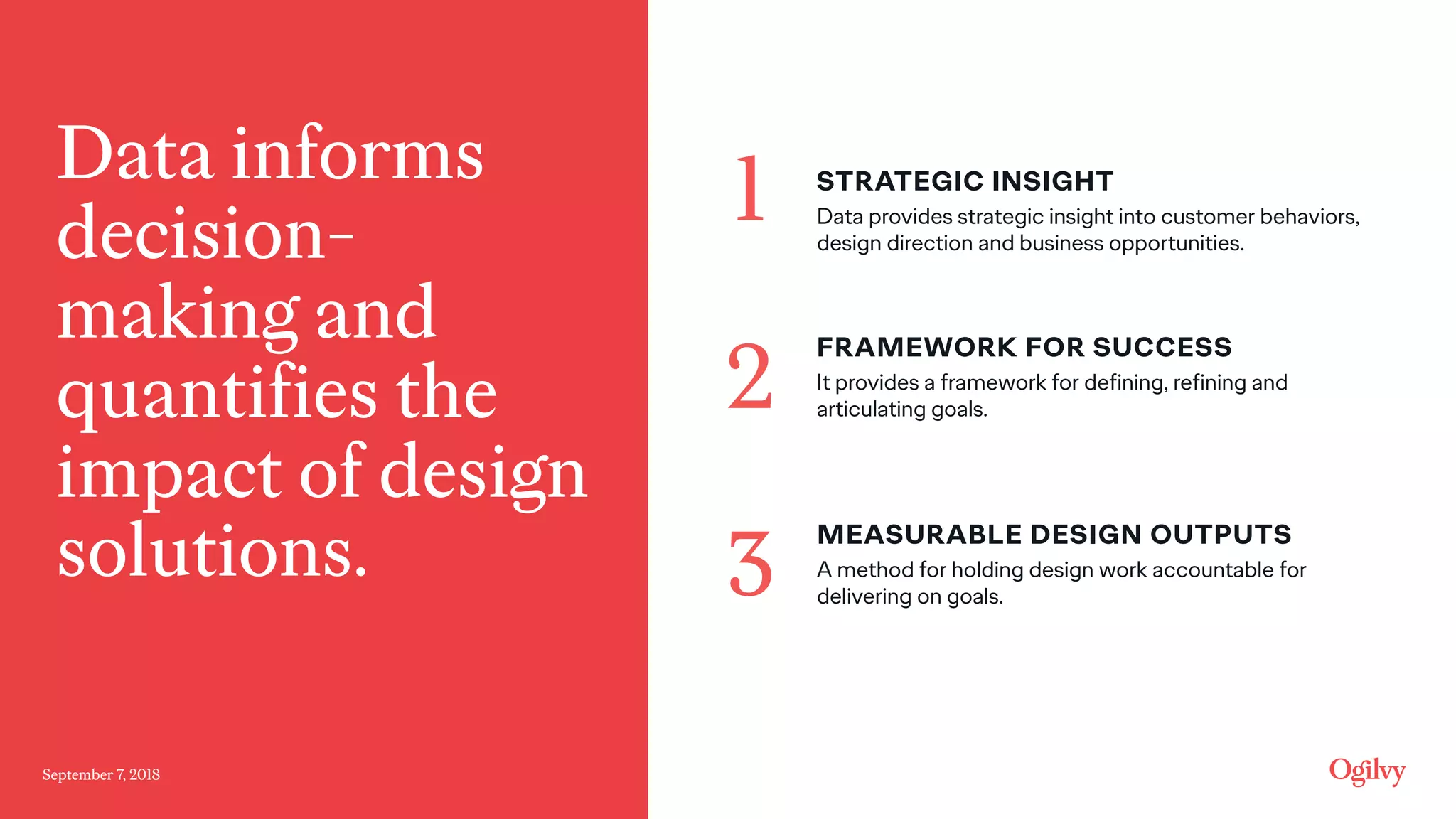 Data informs
decision-
making and
quantifies the
impact of design
solutions.
STRATEGIC INSIGHT
Data provides strategic insight into customer behaviors,
design direction and business opportunities.
1
FRAMEWORK FOR SUCCESS
It provides a framework for defining, refining and
articulating goals.2
MEASURABLE DESIGN OUTPUTS
A method for holding design work accountable for
delivering on goals.3
September 7, 2018
 