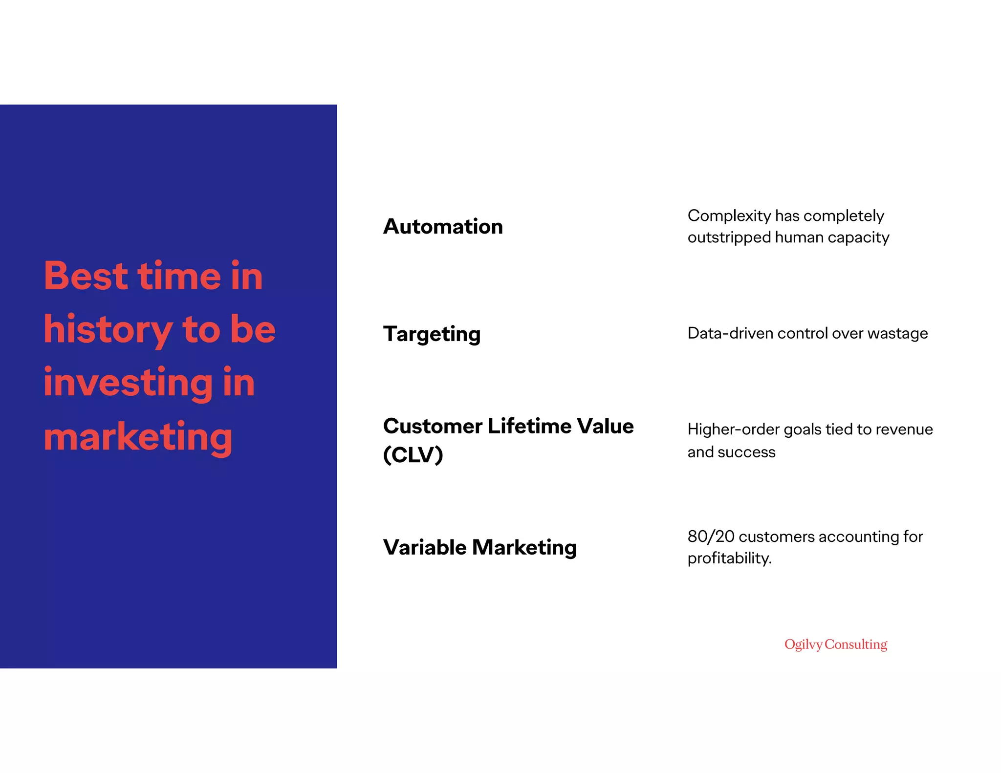 Best time in
history to be
investing in
marketing
Automation
Complexity has completely
outstripped human capacity
Targeting Data-driven control over wastage
Customer Lifetime Value
(CLV)
Higher-order goals tied to revenue
and success
Variable Marketing
80/20 customers accounting for
proﬁtability.
 