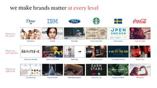 Outthink
WatsonintheWorld
DressattheMET
RealBeauty
WakeUptoBeautiful
CurlyHairEmoji
It’sNotJustCoffee
StarbucksRewards
StarbucksxLyft
TastetheFeeling
ShareaCoke
#ThatsGold
OpenSweden
TheSwedishNumber
SwedenonAirBnBMAXMotorDreams
MaxExtras
GoFurther
Mattering
for years
Mattering
each quarter
Mattering
right now
brands matter at every levelwe make
 