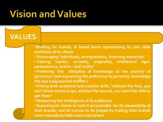 Vision and ValuesVALUESWorking for brands, in brand terms representing its own skills and those of its clients