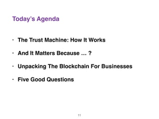 Today’s Agenda
• The Trust Machine: How It Works
• And It Matters Because … ?
• Unpacking The Blockchain For Business
• Five Good Questions
11
 