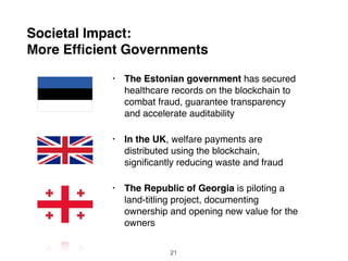 Societal Impact:
More Efﬁcient Governments
• The Estonian government has secured
healthcare records on the blockchain to
combat fraud, guarantee transparency
and accelerate auditability
• In the UK, welfare payments are
distributed using the blockchain,
signiﬁcantly reducing waste and fraud
• The Republic of Georgia is piloting a
land-titling project, documenting
ownership and opening new value for the
owners
21
 