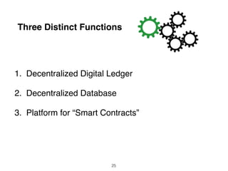 Three Distinct Functions
1. Decentralized Digital Ledger
2. Decentralized Database
3. Platform for “Smart Contracts”
25
 