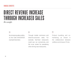 83
DIRECT REVENUE INCREASE
THROUGH INCREASED SALES
TANGIBLE BENEFITS
For example:
Through mobile commerce and
direct-to-co...