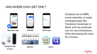 AND WHERE CAN I GET ONE ?
Chatbots live on SMS,
social networks, or inside
messaging apps like
Facebook messenger or
Slack, and can automate
one-on-one interactions,
often eliminating the need
for a human.
Messenger apps Mobile appsText/SMS
Websites SearchIntelligent home
products
 