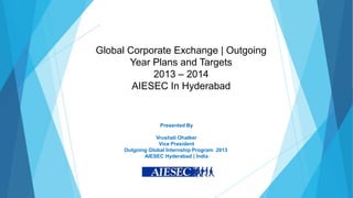 Global Corporate Exchange | Outgoing
Year Plans and Targets
2013 – 2014
AIESEC In Hyderabad

Presented By
Vrushali Ohatker
Vice President
Outgoing Global Internship Program 2013
AIESEC Hyderabad | India

 