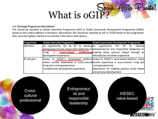 What is oGIP?
Cross-
cultural
professional
Entrepreneur
ial and
responsible
leadership
AIESEC
value-based
 