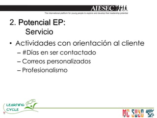• Actividades con orientación al cliente
– #Días en ser contactado
– Correos personalizados
– Profesionalismo
2. Potencial EP:
Servicio
 