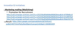 - Marketing mailing (Mailchimp)
• Promotion for Recruitment
http://us8.campaign-archive1.com/?u=c252236a85b00dbd96062b4aa&id=475f068ca3
http://us8.campaign-archive2.com/?u=c252236a85b00dbd96062b4aa&id=67e89970af
http://us8.campaign-archive2.com/?u=c252236a85b00dbd96062b4aa&id=99de932731
Result: https://docs.google.com/spreadsheets/d/1IVSUJx7-
ysdbZUWZ7rkVxPKyEyKbaN8qIoLlLoospxI/edit#gid=1040801029
 
