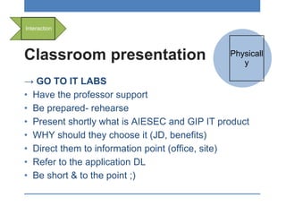 Classroom presentation
→ GO TO IT LABS
• Have the professor support
• Be prepared- rehearse
• Present shortly what is AIESEC and GIP IT product
• WHY should they choose it (JD, benefits)
• Direct them to information point (office, site)
• Refer to the application DL
• Be short & to the point ;)
Interaction
Physicall
y
 