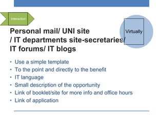 Personal mail/ UNI site
/ IT departments site-secretaries/
IT forums/ IT blogs
• Use a simple template
• To the point and directly to the benefit
• IT language
• Small description of the opportunity
• Link of booklet/site for more info and office hours
• Link of application
Interaction
Virtually
 