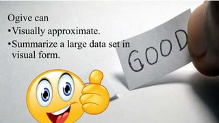 Ogive can
•Visually approximate.
•Summarize a large data set in
visual form.
 