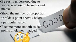 •Be easily understood due to
widespread use in business and
media.
•Show the number of proportion
or of data point above / below
a particular value.
•Become more smooth as data
points or classes added.
 