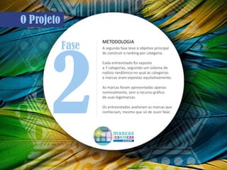A segunda fase teve o objetivo principal
de construir o ranking por categoria.
Cada entrevistado foi exposto
a 7 categorias, seguindo um sistema de
rodízio randômico no qual as categorias
e marcas eram expostas equitativamente.
As marcas foram apresentadas apenas
nominalmente, sem o recurso gráfico
de suas logomarcas.
Os entrevistados avaliaram as marcas que
conheciam, mesmo que só de ouvir falar.
METODOLOGIA
 