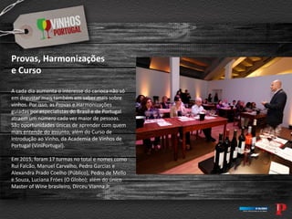 Provas, Harmonizações
e Curso
A cada dia aumenta o interesse do carioca não só
em degustar mais também em saber mais sobre
vinhos. Por isso, as Provas e Harmonizações
guiadas por especialistas do Brasil e de Portugal
atraem um número cada vez maior de pessoas.
São oportunidades únicas de aprender com quem
mais entende do assunto, além do Curso de
Introdução ao Vinho, da Academia de Vinhos de
Portugal (ViniPortugal).
Em 2015, foram 17 turmas no total e nomes como
Rui Falcão, Manuel Carvalho, Pedro Garcias e
Alexandra Prado Coelho (Público), Pedro de Mello
e Souza, Luciana Fróes (O Globo); além do único
Master of Wine brasileiro, Dirceu Vianna Jr.
 