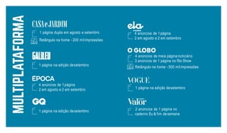 1 página dupla em agosto e setembro
Retângulo na home - 200 milimpressões
1 página na edição desetembro
4 anúncios de 1 página
2 em agosto e 2 em setembro
4 anúncios de 1 página
2 em agosto e 2 em setembro
1 página na edição desetembro
4 anúncios de meia página noticiário
3 anúncios de 1 página no Rio Show
Retângulo na home - 500 milimpressões
1 página na edição desetembro
2 anúncios de 1 página no
caderno Eu & fim de semana
 