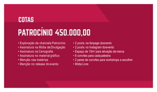 • 2 posts na fanpage doevento
• 2 posts no Instagram doevento
• Espaço de 15m2
para ativação demarca
• 6 convites para cadapalestra
• 2 pares de convites para workshops a escolher
• Mídia Livre
• Exploração da chancela Patrocínio
• Assinatura na Mídia deDivulgação
• Assinatura na Cenografia
• Assinatura no material gráfico
• Menção nas matérias
• Menção no release do evento
 