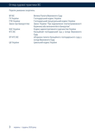 3 червень – грудень 2020 року
Огляд судової практики ВС
Перелік уживаних скорочень
ВП ВС
ГК України
ГПК України
Закон про ...