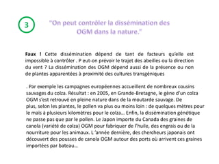 3


Faux ! Cette dissémination dépend de tant de facteurs qu’elle est
impossible à contrôler . P eut-on prévoir le trajet des abeilles ou la direction
du vent ? La dissémination des OGM dépend aussi de la présence ou non
de plantes apparentées à proximité des cultures transgéniques

. Par exemple les campagnes européennes accueillent de nombreux cousins
sauvages du colza. Résultat : en 2005, en Grande-Bretagne, le gène d’un colza
OGM s’est retrouvé en pleine nature dans de la moutarde sauvage. De
plus, selon les plantes, le pollen va plus ou moins loin : de quelques mètres pour
le maïs à plusieurs kilomètres pour le colza… Enfin, la dissémination génétique
ne passe pas que par le pollen. Le Japon importe du Canada des graines de
canola (variété de colza) OGM pour fabriquer de l’huile, des engrais ou de la
nourriture pour les animaux. L ’année dernière, des chercheurs japonais ont
découvert des pousses de canola OGM autour des ports où arrivent ces graines
importées par bateau…
 