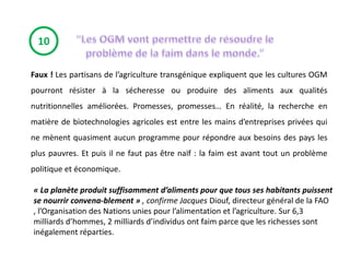 10

Faux ! Les partisans de l’agriculture transgénique expliquent que les cultures OGM
pourront résister à la sécheresse ou produire des aliments aux qualités
nutritionnelles améliorées. Promesses, promesses… En réalité, la recherche en
matière de biotechnologies agricoles est entre les mains d’entreprises privées qui
ne mènent quasiment aucun programme pour répondre aux besoins des pays les
plus pauvres. Et puis il ne faut pas être naïf : la faim est avant tout un problème
politique et économique.

« La planète produit suffisamment d’aliments pour que tous ses habitants puissent
se nourrir convena-blement » , confirme Jacques Diouf, directeur général de la FAO
, l’Organisation des Nations unies pour l’alimentation et l’agriculture. Sur 6,3
milliards d’hommes, 2 milliards d’individus ont faim parce que les richesses sont
inégalement réparties.
 