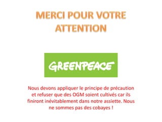 Nous devons appliquer le principe de précaution
  et refuser que des OGM soient cultivés car ils
finiront inévitablement dans notre assiette. Nous
           ne sommes pas des cobayes !
 