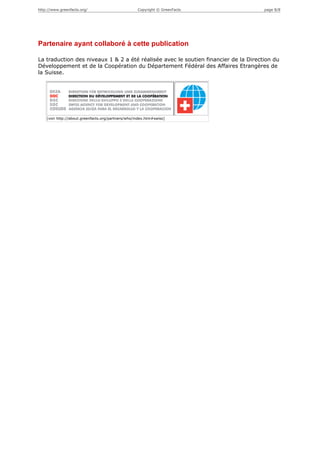 http://www.greenfacts.org/                          Copyright © GreenFacts           page 8/8




Partenaire ayant collaboré à cette publication

La traduction des niveaux 1 & 2 a été réalisée avec le soutien financier de la Direction du
Développement et de la Coopération du Département Fédéral des Affaires Etrangères de
la Suisse.




    [voir http://about.greenfacts.org/partners/who/index.htm#swiss]
 