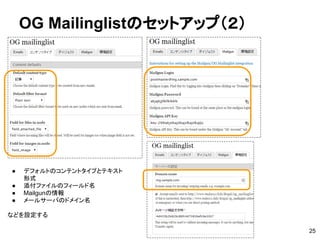 OG Mailinglistのセットアップ（２）
25
● デフォルトのコンテントタイプとテキスト
形式
● 添付ファイルのフィールド名
● Mailgunの情報
● メールサーバのドメイン名
などを設定する
 