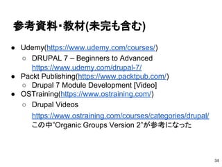 参考資料・教材(未完も含む)
● Udemy(https://www.udemy.com/courses/)
○ DRUPAL 7 – Beginners to Advanced
https://www.udemy.com/drupal-7/
● Packt Publishing(https://www.packtpub.com/)
○ Drupal 7 Module Development [Video]
● OSTraining(https://www.ostraining.com/)
○ Drupal Videos
https://www.ostraining.com/courses/categories/drupal/
この中”Organic Groups Version 2”が参考になった
34
 