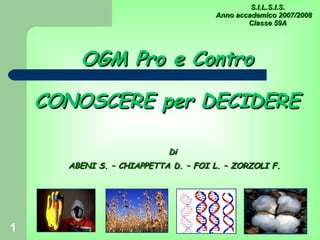 OGM Pro e Contro CONOSCERE per DECIDERE Di ABENI S. – CHIAPPETTA D. – FOI L. – ZORZOLI F. S.I.L.S.I.S. Anno accademico 2007/2008  Classe 59A 
