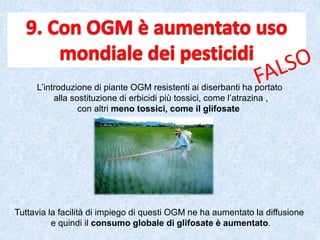 L’introduzione di piante OGM resistenti ai diserbanti ha portato
alla sostituzione di erbicidi più tossici, come l’atrazina ,
con altri meno tossici, come il glifosate
Tuttavia la facilità di impiego di questi OGM ne ha aumentato la diffusione
e quindi il consumo globale di glifosate è aumentato.
 