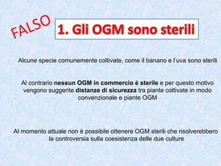 Alcune specie comunemente coltivate, come il banano e l’uva sono sterili
Al contrario nessun OGM in commercio è sterile e per questo motivo
vengono suggerite distanze di sicurezza tra piante coltivate in modo
convenzionale e piante OGM
Al momento attuale non è possibile ottenere OGM sterili che risolverebbero
la controversia sulla coesistenza delle due culture
 