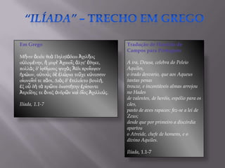 Em Grego                                     Tradução de Haroldo de
                                             Campos para Português
Μῆνιν ἄειδε θεὰ Πηληφάδευ Ἀσιλῆορ
οὐλομένην, ἣ μςπί' Ἀσαιοῖρ ἄλγε' ἔθηκε,      A ira, Deusa, celebra do Peleio
πολλὰρ δ' ἰθθίμοςρ τςσὰρ Ἄφδι πποΐατεν       Aquiles,
ἡπώυν, αὐηοὺρ δὲ ἑλώπια ηεῦσε κύνεζζιν       o irado desvario, que aos Aqueus
οἰυνοῖζί ηε πᾶζι, Διὸρ δ' ἐηελείεηο βοςλή,   tantas penas
ἐξ οὗ δὴ ηὰ ππῶηα διαζηήηην ἐπίζανηε         trouxe, e incontáveis almas arrojou
Ἀηπεΐδηρ ηε ἄναξ ἀνδπῶν καὶ δῖορ Ἀσιλλεύρ.   no Hades
                                             de valentes, de heróis, espólio para os
Ilíada, 1.1-7                                cães,
                                             pasto de aves rapaces: fez-se a lei de
                                             Zeus;
                                             desde que por primeiro a discórdia
                                             apartou
                                             o Atreide, chefe de homens, e o
                                             divino Aquiles.

                                             Ilíada, 1.1-7
 