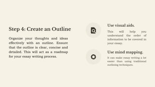Step 4: Create an Outline
Use visual aids.
It can make essay writing a lot
easier than using traditional
outlining techniques.
Use mind mapping.
This will help you
understand the order of
information to be covered in
your essay.
Organize your thoughts and ideas
effectively with an outline. Ensure
that the outline is clear, concise and
detailed. This will act as a roadmap
for your essay writing process.
 