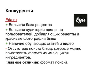 Конкуренты
Eda.ru
+ Большая база рецептов
+ Большая аудитория лояльных
пользователей, добавляющих рецепты и
красивые фотографии блюд
+ Наличие обучающих статей и видео
- Отсутствие поиска блюд, которые можно
приготовить только из имеющихся
ингредиентов.
Главное отличие: формат поиска.
 