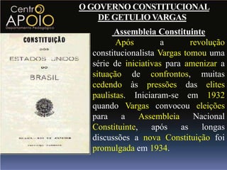 O GOVERNO CONSTITUCIONAL
    DE GETULIO VARGAS
        Assembleia Constituinte
         Após         a       revolução
  constitucionalista Vargas tomou uma
  série de iniciativas para amenizar a
  situação de confrontos, muitas
  cedendo às pressões das elites
  paulistas. Iniciaram-se em 1932
  quando Vargas convocou eleições
  para    a     Assembleia     Nacional
  Constituinte,    após    as    longas
  discussões a nova Constituição foi
  promulgada em 1934.
 