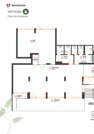 ЧЕРТЕЖИ
ПЛАН ЭКСПЛИКАЦИИ
1
3 4
5
6
7
8
16 12,49 м2
99,59 м2
38,24 м2
10,92 м
50,71 м2
16,00 м2
5,75 м2
2,71 м2
ТЕРРАСА
РЕСТОРАН
ХОЛ
КАЛЬЯН
ВХО
ЗАЛ
WC MWC W
ВИНОТЕКА
1. Хол
2. Гар
3. WC
4. WC
Обща
 