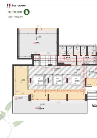 ЧЕРТЕЖИ
ПЛАН ПОТОЛКА
1
3 4
5
6
7
8
16
h 3 000
h 2 800
h 3 000
h 2 900
h 2 900
h 2 800h 2 800 h 2 800
4760
11 785
2 100
2100
1 200
3 000
1 700 1 7002 100 2 100
4 860
2100
4 120
5810
2 650
830
1 790
3 580
300
4 170
5280
3 610
5970
3 600
11 170
1050
2155
7 702
3661
700
6,02 м2
12,49 м2
42,21 м2
43,99 м2
10,92
43,15 м2
16,00 м2
2,71 м2
43,54 м2
7,56 м2
4,50 м2
4,50 м2
4,50 м2
ТЕРРАСА
РЕСТОРАН
ХОЛ
КАЛЬЯН
ВХО
ЗАЛ
WC MWC W
ВИНОТЕКА
 