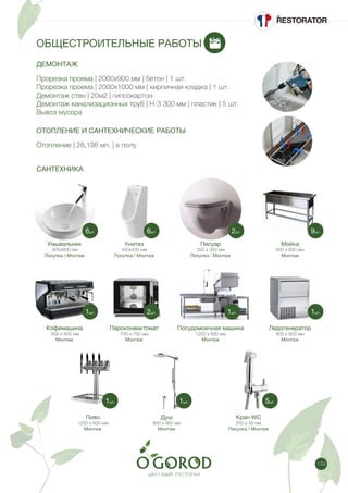 139
ОБЩЕСТРОИТЕЛЬНЫЕ РАБОТЫ
ДЕМОНТАЖ
Прорезка проема | 2000х900 мм | бетон | 1 шт.
Прорезка проема | 2000х1000 мм | кирпичная кладка | 1 шт.
Демонтаж стен | 20м2 | гипсокартон
Демонтаж канализационных труб | H-3 300 мм | пластик | 5 шт.
Вывоз мусора
ОТОПЛЕНИЕ И САНТЕХНИЧЕСКИЕ РАБОТЫ
Отопление | 28,198 мп. | в полу
САНТЕХНИКА
Умывальник
600х600 мм
Покупка / Монтаж
Кофемашина
900 х 600 мм
Монтаж
Унитаз
450х400 мм
Покупка / Монтаж
Пароконвектомат
700 х 700 мм
Монтаж
Пиво
1200 х 600 мм
Монтаж
Писуар
350 х 350 мм
Покупка / Монтаж
Посудомоечная машина
1200 х 600 мм
Монтаж
Душ
900 х 900 мм
Монтаж
Мойка
600 х 600 мм
Монтаж
Ледогенератор
800 х 800 мм
Монтаж
Кран WC
250 х 50 мм
Покупка / Монтаж
6шт.
1шт.
6шт.
2шт.
1шт.
2шт.
1шт.
1шт.
9шт.
1шт.
5шт.
 