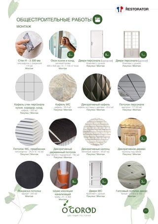 141
ОБЩЕСТРОИТЕЛЬНЫЕ РАБОТЫ
МОНТАЖ
Стен H - 3 300 мм
гипсокартон c покраской
170 м2
Монтаж
Кафель стен персонала
кухня, коридор, конд.
кафель - 330 м2
Покупка / Монтаж
Потолок WC, предбанник
гипсокартон - 34,51 м / 42 м2
Покупка / Монтаж
Покраска потолка
черный - 250 м2
Монтаж
Окон кухни и конд.
оконный проем
600 х 600 мм / Н - 1 100 от пола
Монтаж
Кафель WC
кафель - 56,4 м2
Покупка / Монтаж
Декоративный
деревянный потолок
брус 80х30 с подсветкой - 180 м2
Покупка / Монтаж
Шумо изоляция
канализаций
трубы - Н - 3 300
Монтаж
Двери персонала (одинарная)
Комплект с ручкой
Покупка / Монтаж
Декоративный кафель
кафель на стены с цветами - 43,4 м2
Покупка / Монтаж
Декоративные калоны
бетонный кирпич - 93,67 м2
Покупка / Монтаж
Двери WC
Комплект с ручкой
Покупка / Монтаж
Двери персонала (двойная)
Комплект с ручкой
Покупка / Монтаж
Потолок персонала
амстронг- 177,63 м2
Покупка / Монтаж
Декоративное дерево
каллоны под лаком
Покупка / Монтаж
Гипсовый потолок декор
белый - 2 100 х 2 100
Монтаж
2шт. 8шт. 1шт.
3шт.
3шт.5шт.9шт.
 