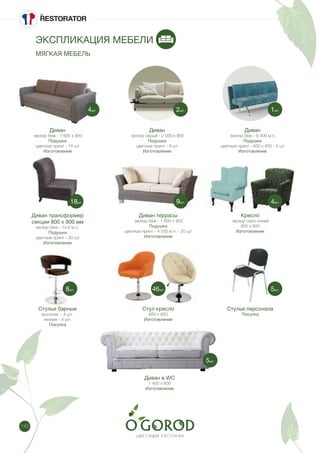 142
ЭКСПЛИКАЦИЯ МЕБЕЛИ
МЯГКАЯ МЕБЕЛЬ
Диван
велюр беж - 1 600 х 900
Подушки
цветные принт - 16 шт
Изготовление
Диван террасы
велюр беж - 1 600 х 900
Подушки
цветные принт - 4 500 м.п. - 20 шт
Изготовление
Диван
велюр серый - 2 000 х 900
Подушки
цветные принт - 8 шт
Изготовление
Кресло
велюр серо-синий
800 х 800
Изготовление
Диван
велюр беж - 9.400 м.п.
Подушки
цветные принт - 400 х 400 - 8 шт
Изготовление
Стулья барные
высокие - 4 шт.
низкие - 4 шт.
Покупка
Диван трансформер
секции 800 х 800 мм
велюр беж - 14.6 м.п.
Подушки
цветные принт - 30 шт
Изготовление
Стул кресло
650 х 650
Изготовление
Стулья персонала
Покупка
Диван в WC
1 400 х 600
Изготовление
4шт.
18шт.
8шт.
2шт.
9шт.
46шт.
5шт.
1шт.
4шт.
5шт.
 