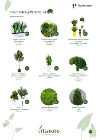 147
ЭКСПЛИКАЦИЯ ЗЕЛЕНИ
ОЗЕЛЕНЕНИЕ
Зелень терраса
Сансеверия
1600 х 200 мм
Покупка
Зелень ресторана
Лимонные деревья
Н - 1 500 мм
Покупка
Холл
Большие лист. деревья
Покупка
Подвесные растения
Епипремнум
600 х 600 мм
Покупка
Зелень по стене
Замиокулькас Сансеверия
Покупка
Зеленая живая стена
4 800 х 2 900 мм (12 м2)
Покупка
Маленькие декоративные
растения
Лиственные растения
Покупка
Полки с зеленью
Огородные растения
7,8 м.п.
Н 2 400 х 5 пол
Покупка
Зелень экстерьер
Туйи
Покупка
50шт.
6шт.
2шт.
66шт.
35м.п.
1шт.
36шт.
30шт.
20шт.
 