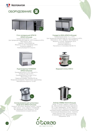 194
ОБОРУДОВАНИЕ
Стол холодильный AFM 03
APACH (Италия)
Температурный режим: -2 ... +10°C
(при температуре внешней среды до +43°C и влажности 65%).
Вместимость: 460 л.
Габариты: 1870х700х850 мм.
Мощность: 0,5 кВт. Напряжение: 220 В.
Количество дверей: 3.
Ножки регулируются по высоте.
Водоумягчитель DVA12
Саладетта S02А APACH (Италия)
Температурный режим: +4 ... +10°C
(при температуре внешней среды до +43°C и влажности 65%).
Вместимость: 220 л. Габариты: 900х700х950 мм.
Мощность: 0,28 кВт. Напряжение: 220 В.
Количество дверей: 2.
Гранитная поверхность.
Рассчитан на 5 гастроемкостей GN 1/6.
Соковыжималка для цитрусовых
ACS2 ECO APACH (Италия)
Скорость: 320 об/мин. Материал корпуса - пластик.
Цвет корпуса - хром. Габариты: 210х265х385
мм. Напряжение: 220 В. Мощность: 150 Вт.
Соковыжималка оснащена прессом.
Льдогенератор ACB5025А
APACH (Италия)
Производительность: 50 кг льда за 24 ч.
Бункер для льда на 25 кг.
Производительность за цикл: 40 шт.
Масса кубика: 18 г.
Габаритные размеры: 500х585х795 мм.
Воздушное охлаждение. Подключение к водопроводу.
Максимальная мощность: 0,8 кВт.
Бойлер 209882 Hendi (Польша)
Объем: 10 литров. Габариты: 336х221х474
мм. Максимальная температура заваривания
99 °C. Цикл заваривания – 50 мин. Защита от
включения насухо. Индикатор сигнализирует
окончание процесса заваривания. Разливной кран,
исключающий образование капель. Указатель
уровня напитка в баке. Стенки выполнены
из нержавеющей стали. Мощность: 2,2 кВт.
Напряжение: 220 В.
3шт.
2шт.
2шт.
1шт.
1шт.
1шт.
 